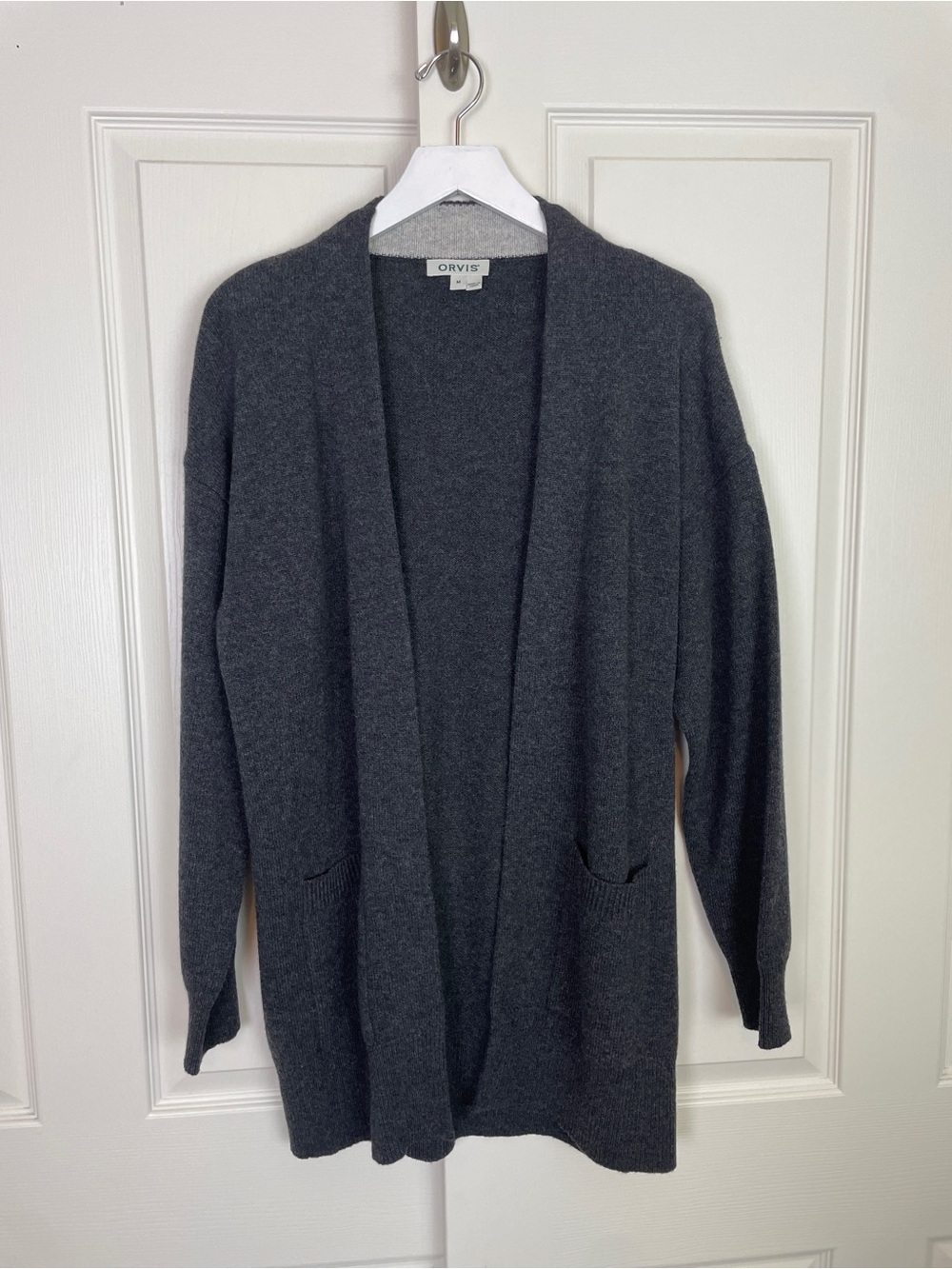 ORVIS Charcoal Gray 100% Cashmere Open Front Cardigan Sweater Mid Length Sz M